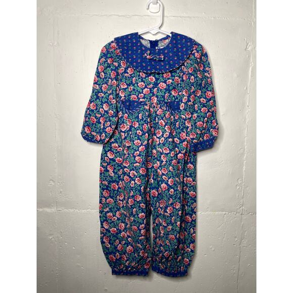 Vintage Polly Flinders Bubble Romper Blue Floral Girls Size 3T - Picture 1 of 7